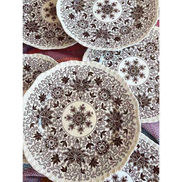 VTG Dishes Brown Transferware Luncheon Plates Floral Thanksgiving - Picture 1 of 7